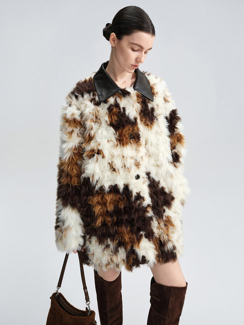 Cow-Pattern Faux Fur Coat for Women – Winter Colorblock Eco-Friendly Fur Jacket with Contrast Collar