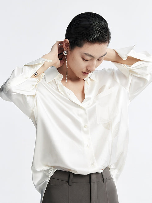 Original Rose Print Blouse | Elegant Loose-Fit Commuter Shirt in Fluid Acetate Fabric