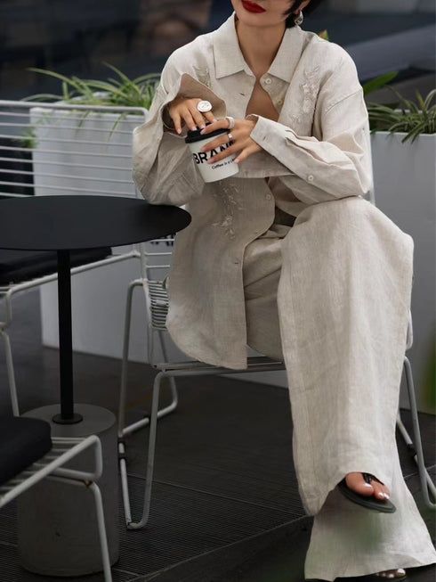 High-Fashion Tailored Linen Set – Heavy Embroidery & Beaded Loose Shirt & Wide-Leg Pants Two-Piece