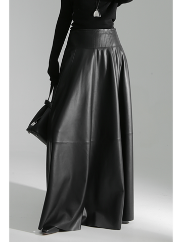 Luxury Black Genuine Sheepskin Midi Skirt – High Waist A-Line Leather Flared Skirt for Women