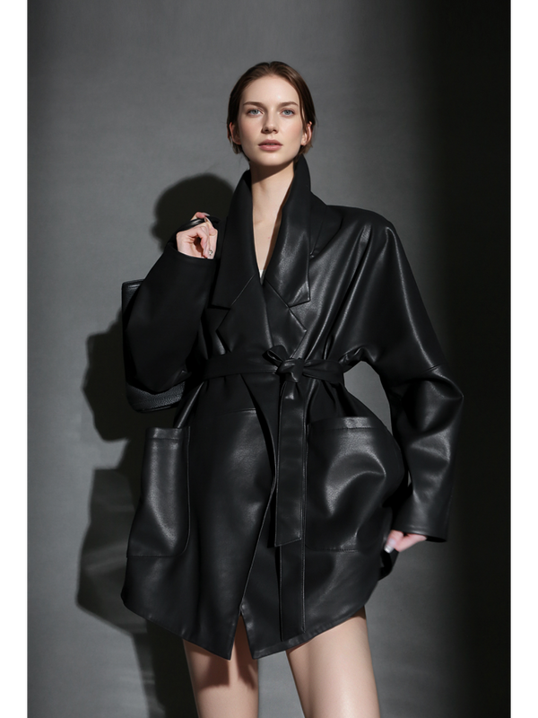 Women’s Short Leather Trench Coat – Tailored Waist Blazer Collar Lambskin Jacket for Fall
