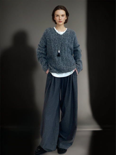 Women’s Wool Cashmere V-Neck Ribbed Knit Sweater | Soft Brushed Pullover with Relaxed Fit