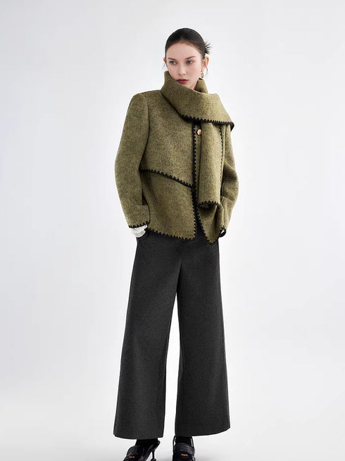 Women's Designer Green Wool Coat with Reversible Scarf – Double-Faced Wool Winter Overcoat