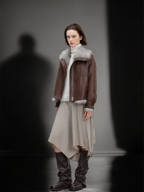 Women’s Reversible Suede Jacket with Raccoon Fur Collar | Short Winter Biker Coat
