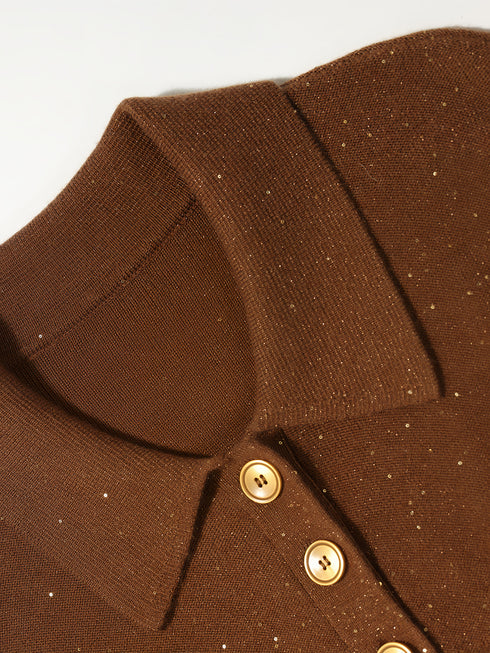 Star-Sequin Wool Stretch Knit Dress with Panelled Polo Collar and Balloon Sleeves