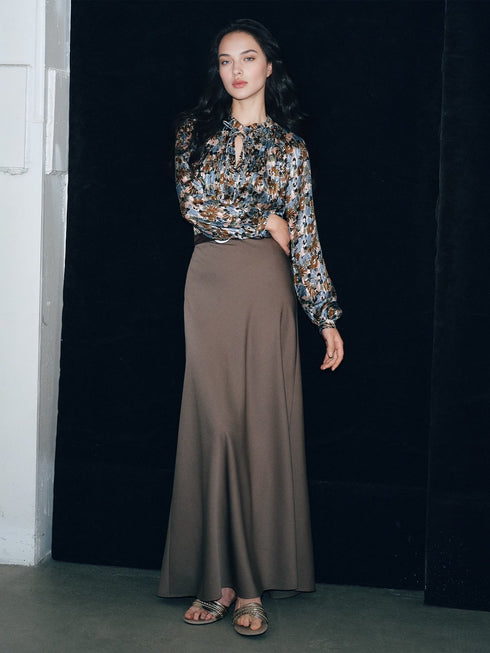 Blooming Floral" Skin-Friendly Breathable Silk Jacquard Print Country-Style Shirt/Skirt Set