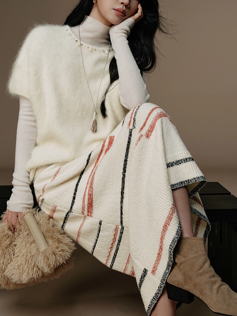 Lazy Winter Chunky Knit Colorblock Striped Stretch Midi Skirt