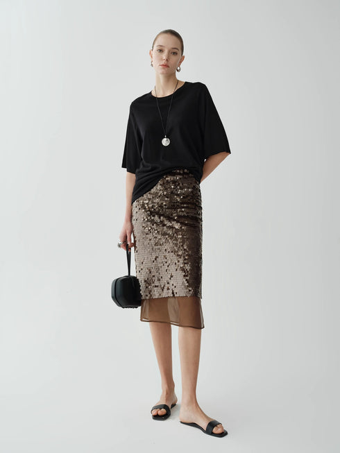 Luxury Silk Organza Skirt with 3D Sequin Embellishment | Fashion Split Hem Midi Skirt