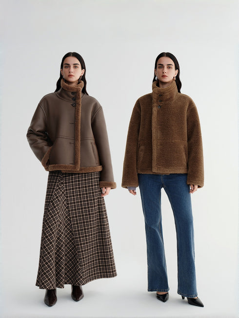 Soft and Dense Reversible High-Collar Tailored Jacket with Double-Sided Wear