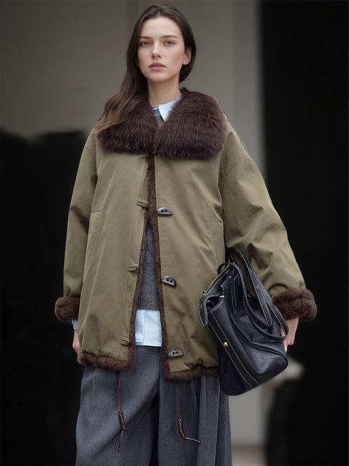 Women’s Mid-Length Parka Coat with Fox Fur Hood and Faux Rabbit Fur Lining | Winter Jacket