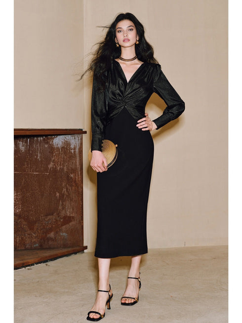 Shimmer Crinkle Satin & Stretch Hemp Blend V-Neck Knot Waist Slim Fit Dress