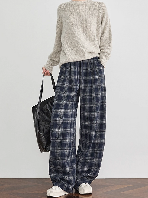 Women's Blue Plaid Wide-Leg Pants – Fall/Winter Casual Jogger Sweatpants with Curved Seam, Flattering Fit