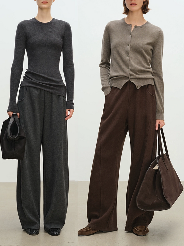 Warm Acetate-Wool Knit Athflow Relaxed Banana Pants for Women – Elastic Waist Twisted-Seam Winter Trousers