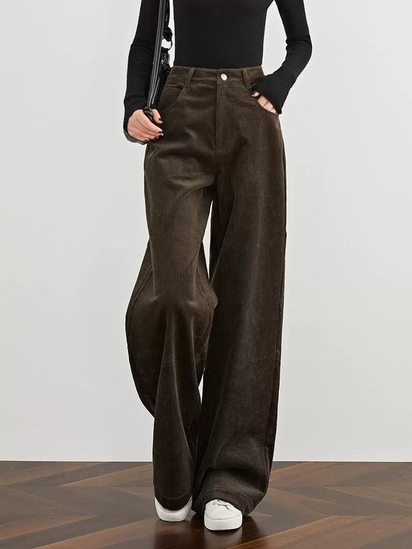 Women's Vintage Corduroy Long Pants – High-Waist Wide-Leg Straight Casual Trousers for Tall