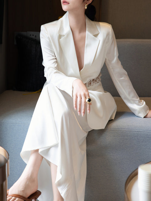 Haute Couture Women’s Suit Set – Autumn Heavyweight Acetate Lace Trim Blazer & Skirt Two-Piece