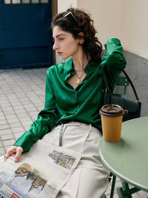 Women's Heavyweight Mulberry Silk Shirt – Relaxed-Fit Solid Color Collared Silk Blouse