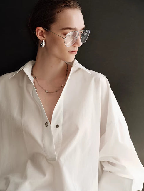 Women's Old-Money Style Solid Color Collared One-Button Pullover Shirt – Relaxed Fit Classic Blouse