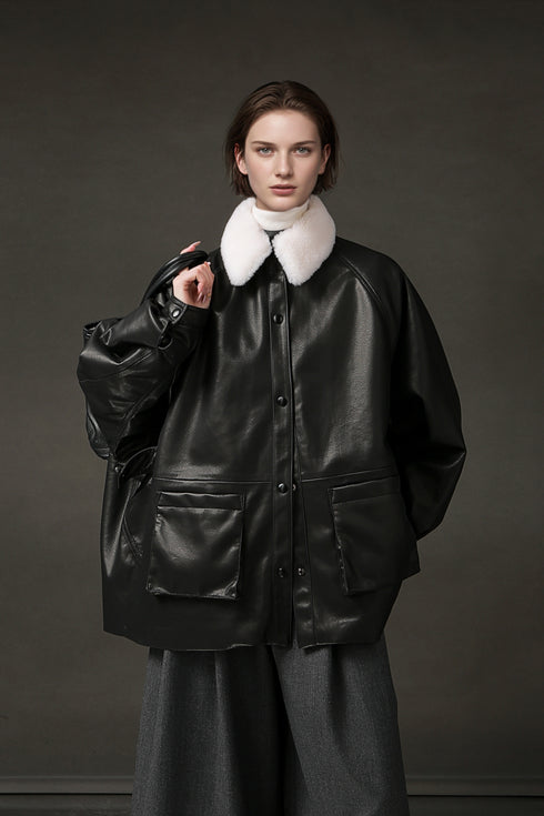 Women’s Biker-Style Shearling Down Jacket – Trendy Short White Goose Down Coat for Winter