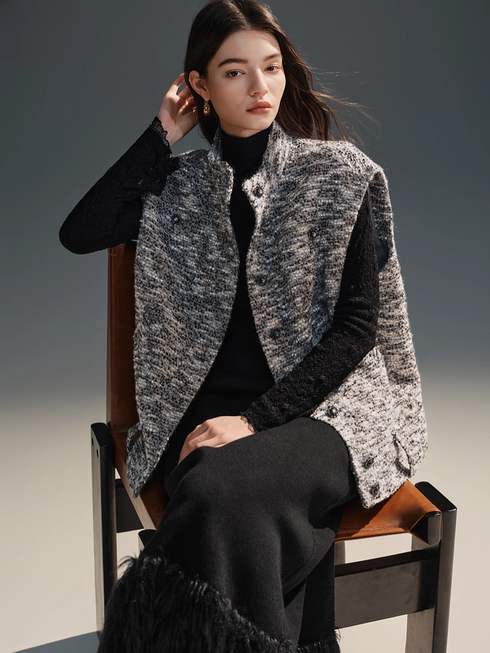 Double-Layer Thick Wool Cross-Stitch Tassel Sequin Embellished Knit Midi Skirt