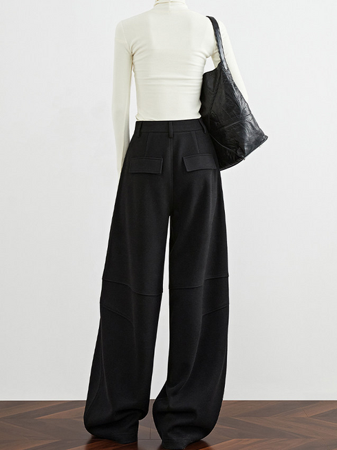 Women's Black Scythe Pants – Fall/Winter Extended Wool Wide-Leg Banana Trousers