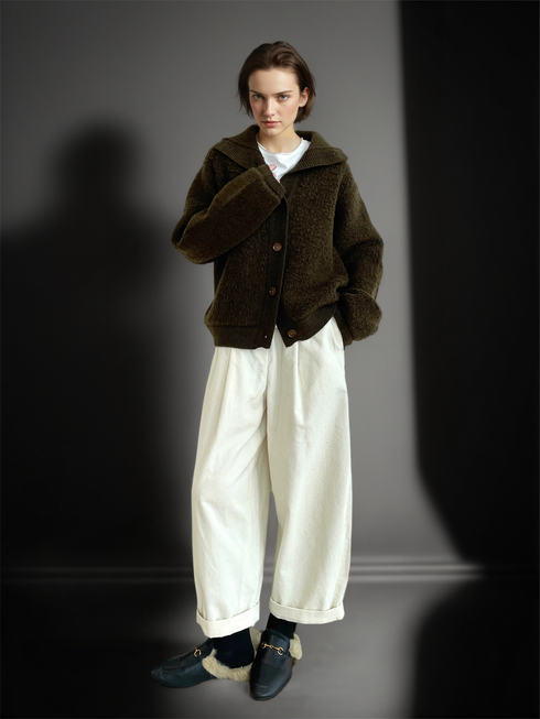 100% Wool Bouclé Knit Stand Collar Sweater Jacket for Women | Heavyweight Thick Textured Wool Cardigan
