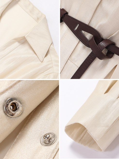 Lustrous Jacquard Satin Shirt Dress for Women – Belted Waist A-Line Mini Dress with Refined Sheen