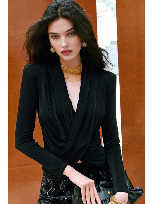 Glossy Heavyweight Acetate Knit | Cross Draped Neckline Natural Pleating Structured Shoulder Slim Fit Top