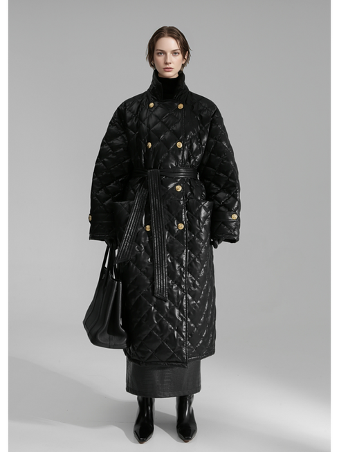 Quilted Lambskin Down Coat for Women – Elegant Mid-Length Slim Fit Jacket with Waist Design, White Duck Down Winter Outerwear