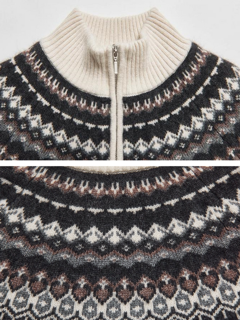 Winter Romance Retro Fair Isle Wool Sweater – Soft, Plush, High-Warm Inverted Trapeze Knitwear