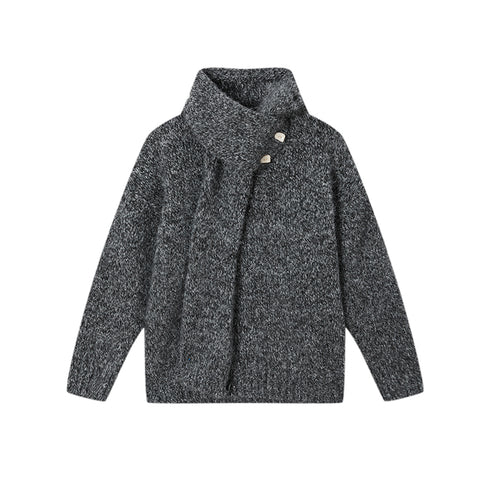 Textured Mélange Knit Sweater with Detachable Scarf | Relaxed H-Silhouette Drop-Shoulder V-Neck Pullover for Women