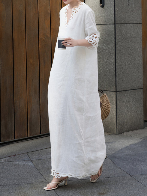 Autumn Linen Lace V-Neck Casual Maxi Dress with Relaxed Fit & Matching Suspender Skirt