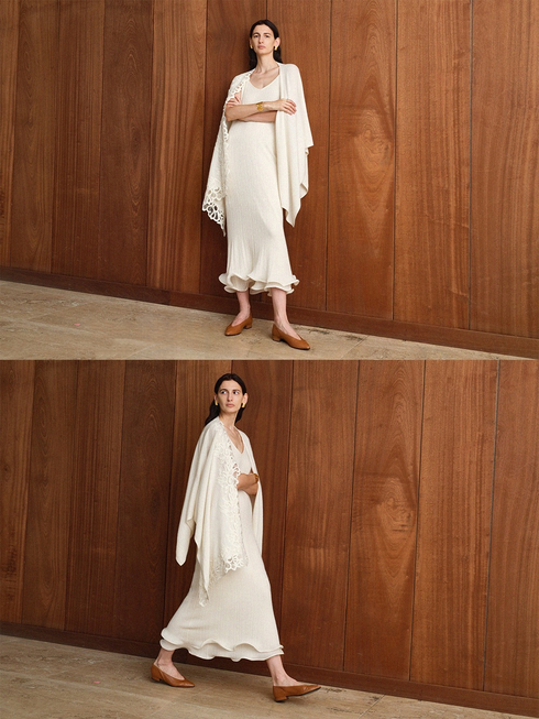 Elegant Merino Wool Maxi Dress – Soft Wavy Knit Spaghetti Strap Long Dress for Women