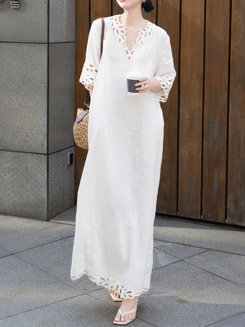 Autumn Linen Lace V-Neck Casual Maxi Dress with Relaxed Fit & Matching Suspender Skirt