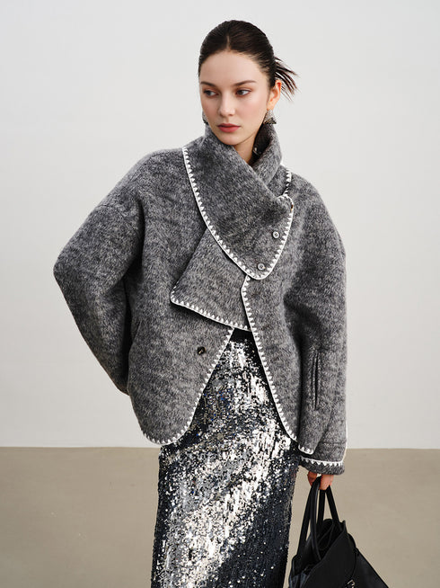 Women's Short Wool Reversible Coat | Premium Grey Cashmere Overcoat