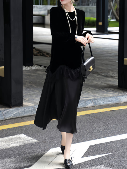 Casual Round Neck Long-Sleeve Dress – Silk & Lace Patchwork, Color Blocking, Loose Fit