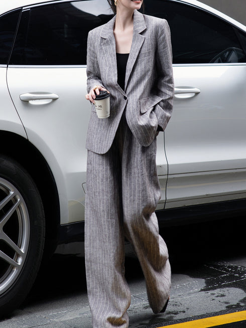 Premium Custom Autumn Linen Striped Suit Set – Relaxed Old Money Style