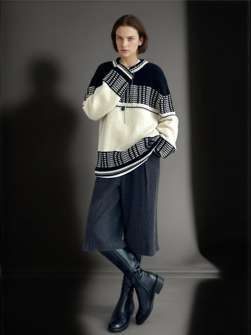 Women’s Mercerized Wool Fair Isle Knit Sweater | Color-Block Crew Neck Pullover