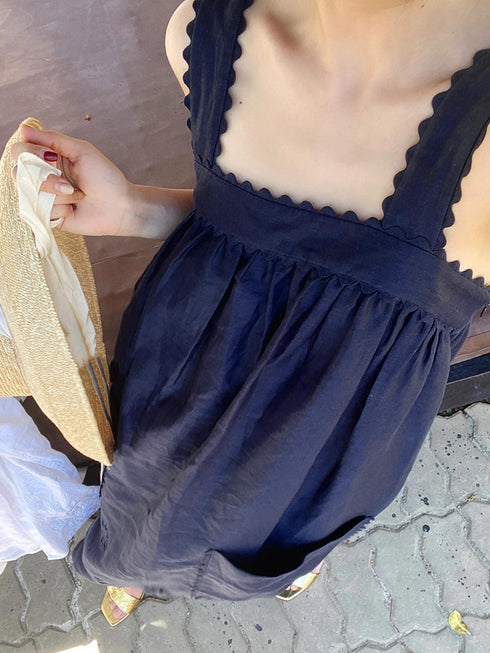 Navy Blue Spaghetti Strap Long Dress for Women – Summer Beach Vacation Style, Hollow Embroidered, High-End Sexy Look