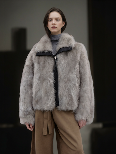 Women’s Reversible Suede Jacket with Raccoon Fur Collar | Short Winter Biker Coat