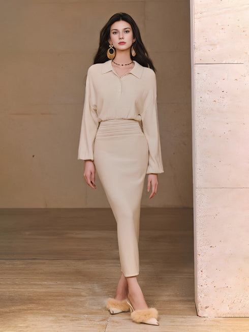 Star-Sequin Wool Stretch Knit Dress with Panelled Polo Collar and Balloon Sleeves