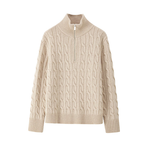 Relaxed Fit Zipper Cable Knit Wool Sweater for Women - Autumn/Winter Casual Sporty Loose Polo Shirt