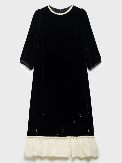 Silk Velvet & Ostrich Feather Hand-Embroidered Custom Dress