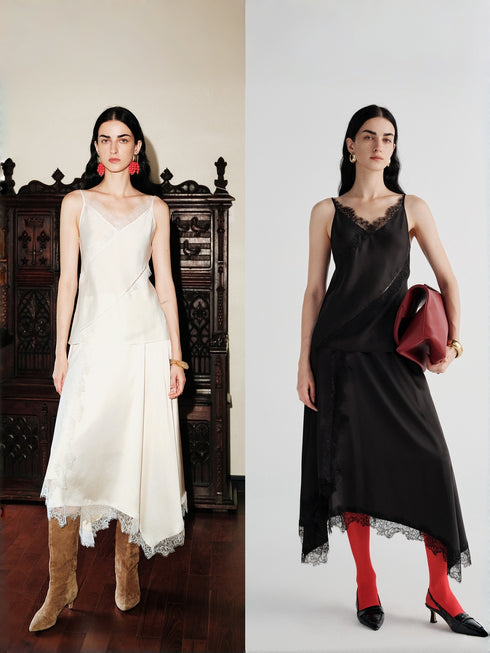 Smooth Satin Weave French Lace Trim Asymmetric Cut Cami Top / Skirt Set