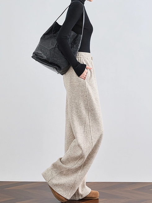 Women's Wool Wide-Leg Sweatpants – Thick Fall/Winter Gray Casual Lounge Joggers with Draped Fit