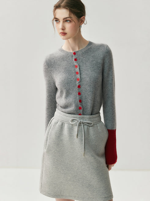 Baby Goat Cashmere Knit Cardigan for Women – Crew Neck Color-Block Wool Sweater Jacket