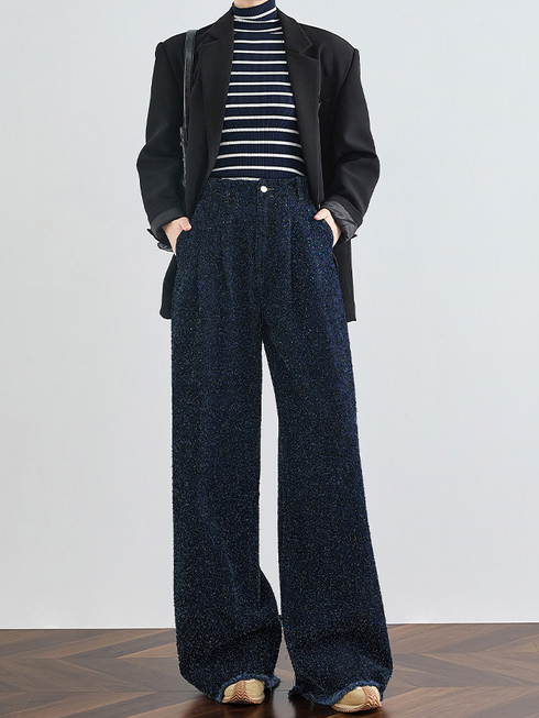 Women's Dark Blue High-Waist Wide-Leg Jeans – Extended Length Frayed Hem Floor-Length Denim Pants for Tall