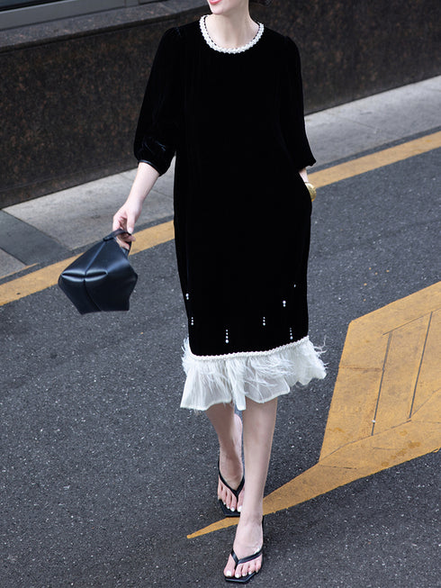 Silk Velvet & Ostrich Feather Hand-Embroidered Custom Dress