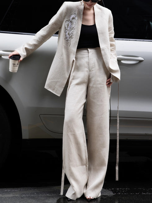 Haute Couture Linen Embroidered Tie-Waist Suit – Women’s Autumn Professional Two-Piece Set