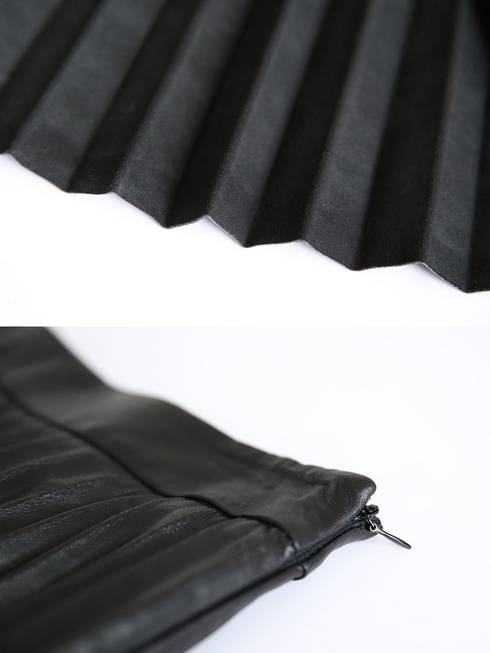 Women's Elegant Vintage High-Waisted Lambskin Leather Pleated Midi Skirt – Luxury Genuine Leather Skirt