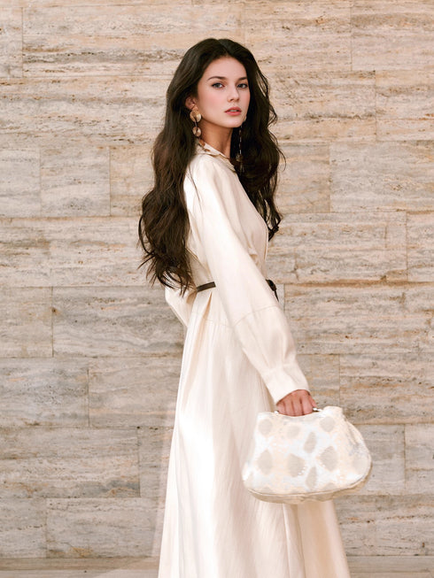 Silk Jacquard Satin Shirt Dress for Women – Belted Waist Flared A-Line Long Dress with Lustrous Finish